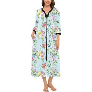 SWOMOG Women Zipper Robe Long Housecoat Zip Up Bathrobes Full Length Nightgown Loungewear with Pockets S-3XL(Floral Green)