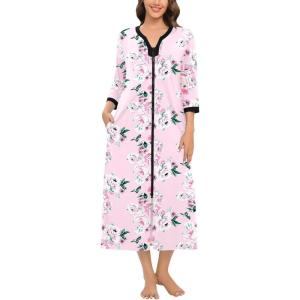 SWOMOG Women Zipper Robe Long Housecoat Zip Up Bathrobes Full Length Nightgown Loungewear with Pockets S-3XL(Floral Pink)