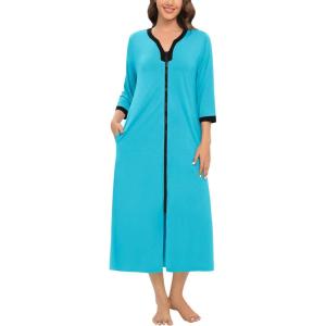 SWOMOG Women Zipper Robe Long Housecoat Zip Up Bathrobes Full Length Nightgown Loungewear with Pockets S-3XL(Peacock Blue)