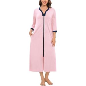 SWOMOG Women Zipper Robe Long Housecoat Zip Up Bathrobes Full Length Nightgown Loungewear with Pockets S-3XL(Pink)