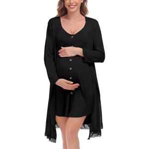 SWOMOG Womens Maternity Nursing Nightgown and Lace Robe Set 3 in 1 Labor Delivery Button Down Nursing Dress 2 Piece Sleepwear(Black)