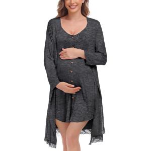 SWOMOG Womens Maternity Nursing Nightgown and Lace Robe Set 3 in 1 Labor Delivery Button Down Nursing Dress 2 Piece Sleepwear(Deep Grey)