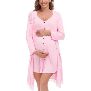 SWOMOG Womens Maternity Nursing Nightgown and Lace Robe Set 3 in 1 Labor Delivery Button Down Nursing Dress 2 Piece Sleepwear(Pink)