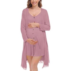SWOMOG Womens Maternity Nursing Nightgown and Lace Robe Set 3 in 1 Labor Delivery Button Down Nursing Dress 2 Piece Sleepwear(Taro Purple)
