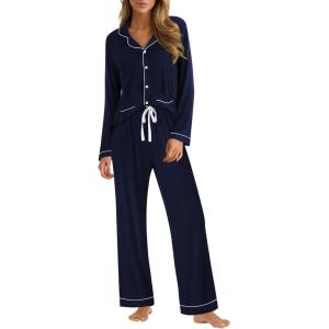 SWOMOG Womens Pajama Sets Long Sleeve Button Down Sleepwear Soft Pjs Lounge Sets with Pockets Navy Blue Wide Piping(Navy Blue-two Pockets)