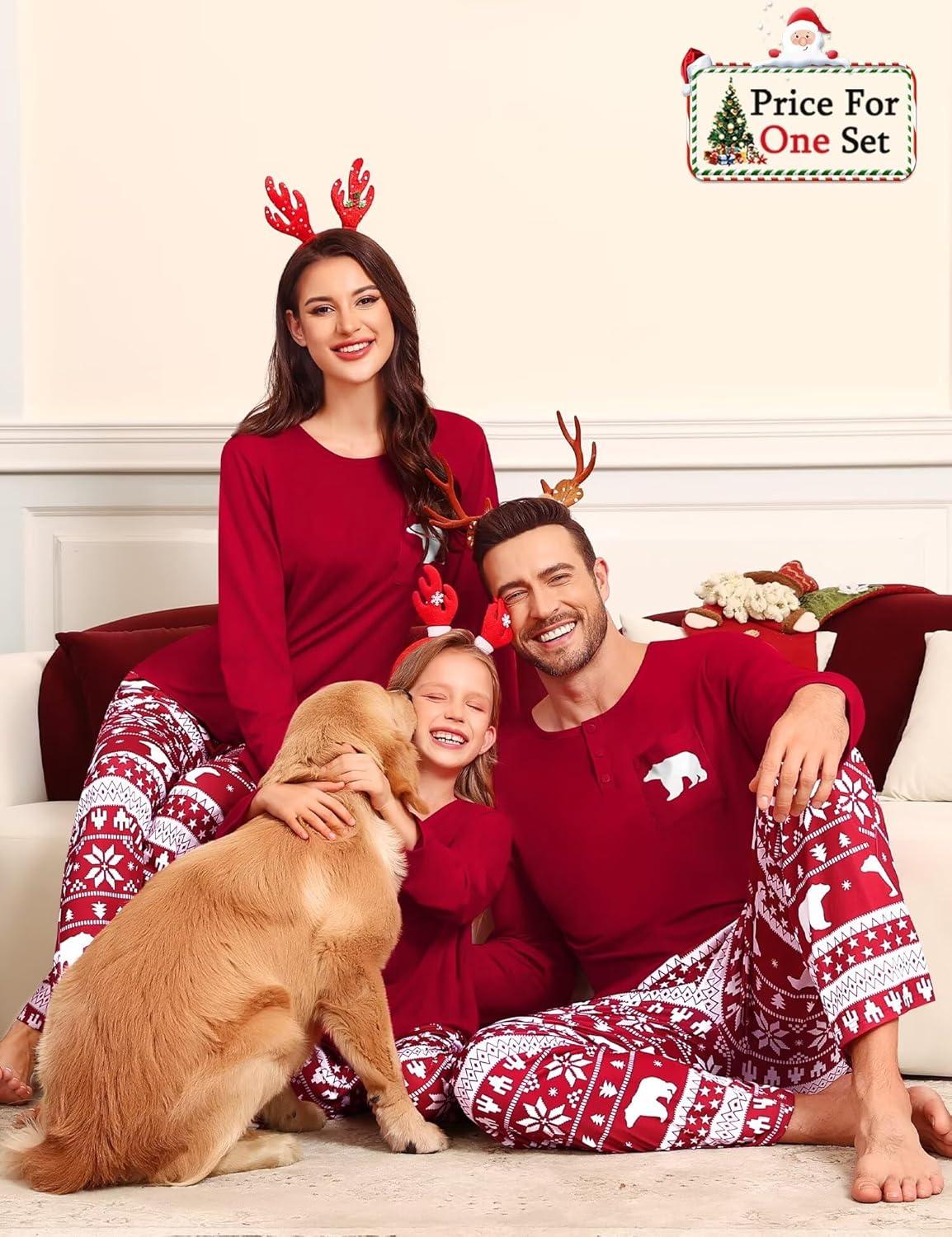imageSWOMOG Family Christmas Matching Pajamas Set WomenMen Modal Pajama 2 PCS Long Sleeve Sleepwear Sets with PocketsRed Bear