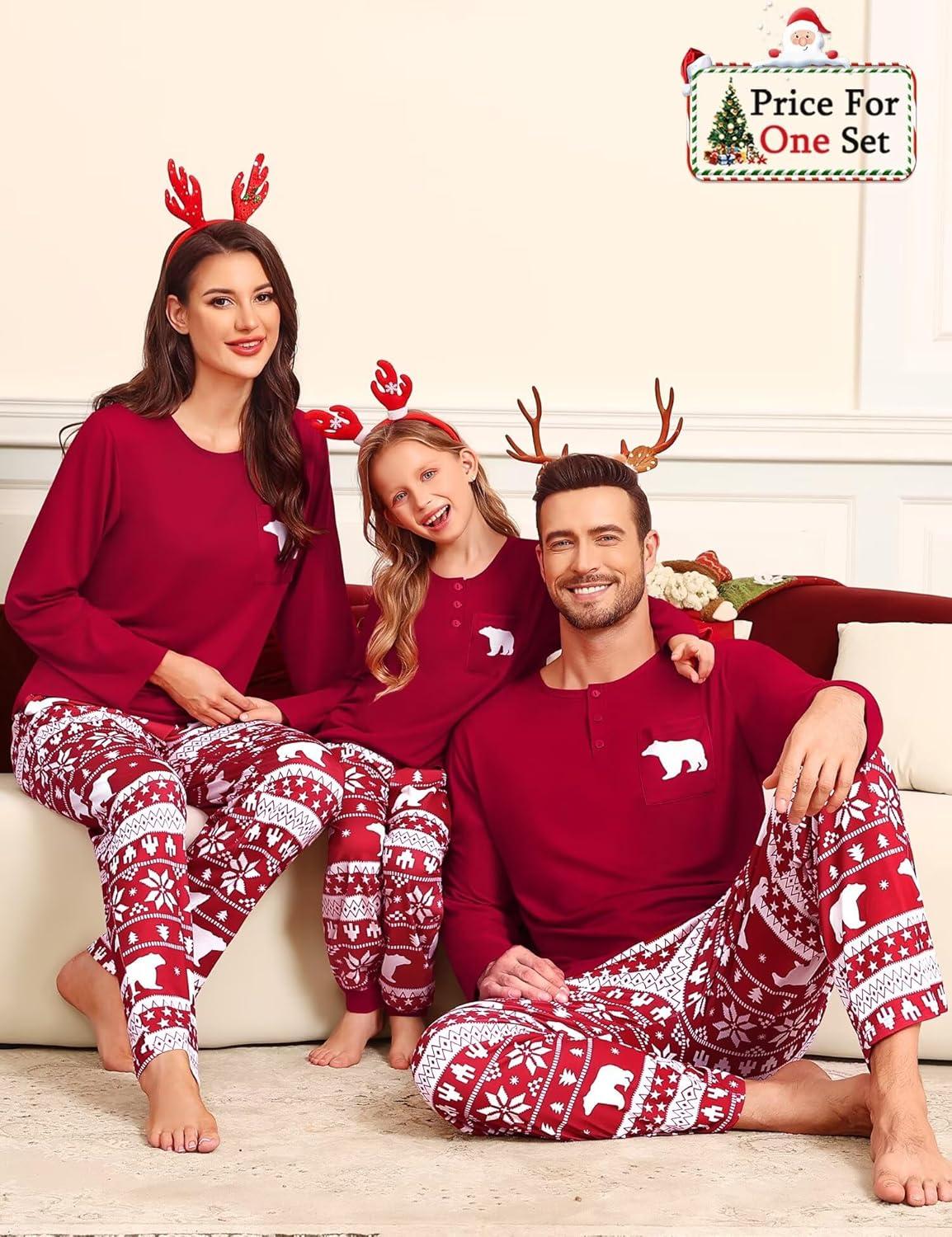 imageSWOMOG Family Christmas Matching Pajamas Set WomenMen Modal Pajama 2 PCS Long Sleeve Sleepwear Sets with PocketsRed Bear