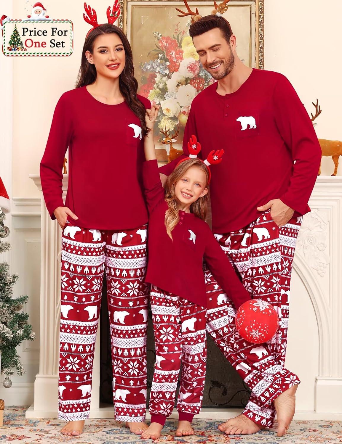 imageSWOMOG Family Christmas Matching Pajamas Set WomenMen Modal Pajama 2 PCS Long Sleeve Sleepwear Sets with PocketsRed Bear