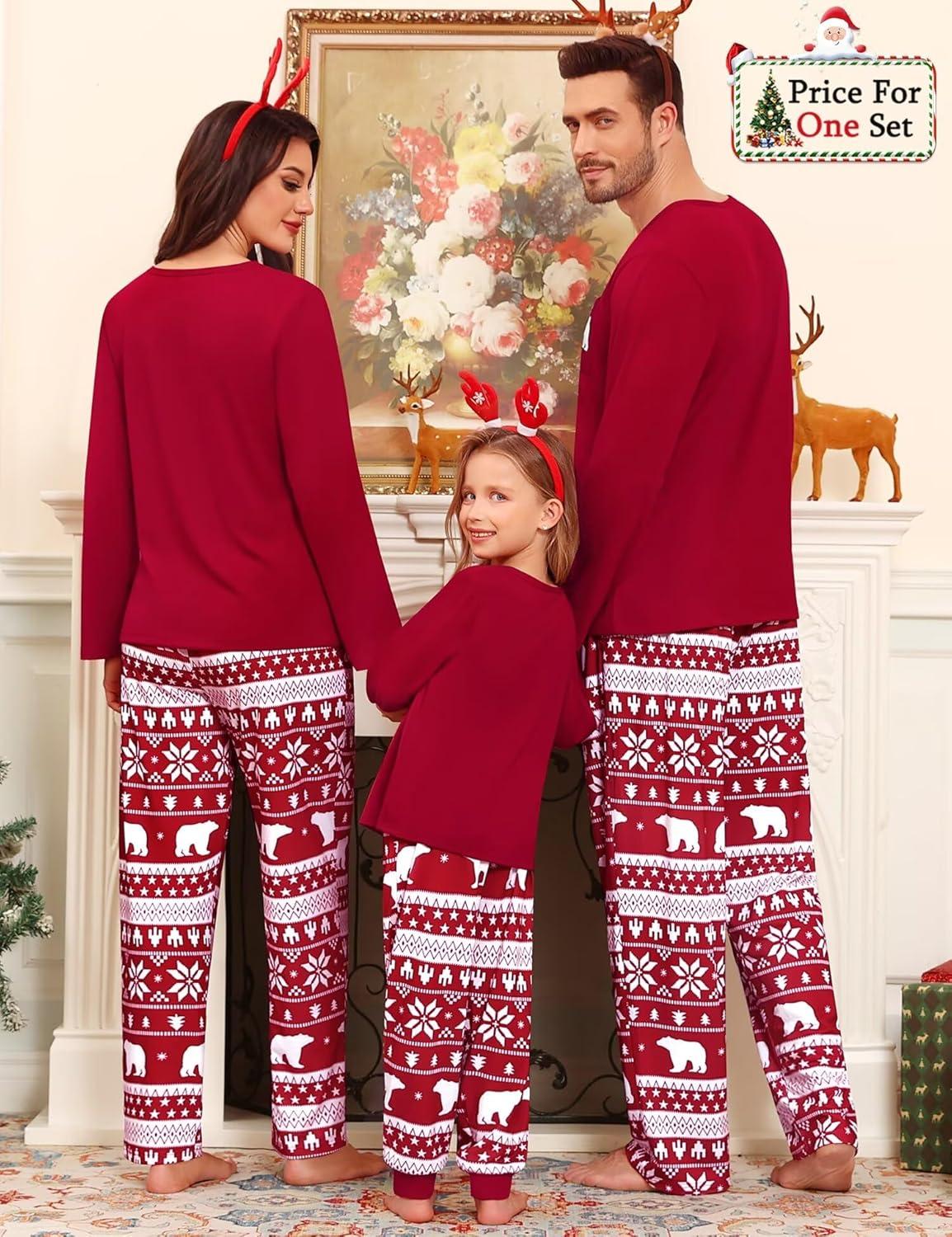 imageSWOMOG Family Christmas Matching Pajamas Set WomenMen Modal Pajama 2 PCS Long Sleeve Sleepwear Sets with PocketsRed Bear