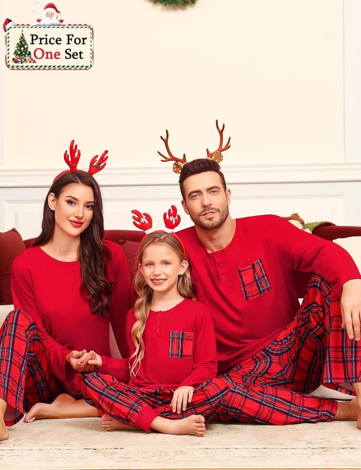 imageSWOMOG Family Christmas Matching Pajamas Set WomenMen Modal Pajama 2 PCS Long Sleeve Sleepwear Sets with PocketsRed Plaid