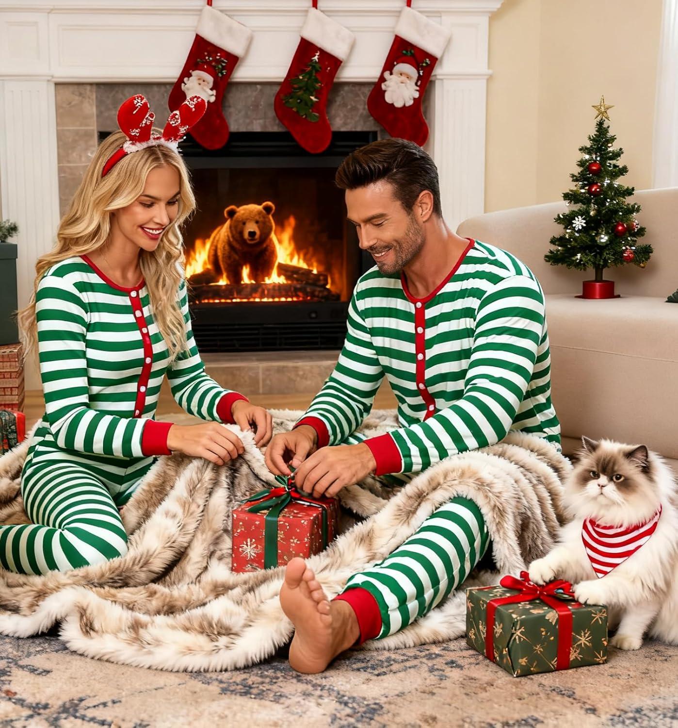 imageSWOMOG Matching Family Pajamas Sets Christmas Couple PJs Holiday Onesise Nightwear Household Sleepwear Sets with Pet bibsGreen Bibs Pet