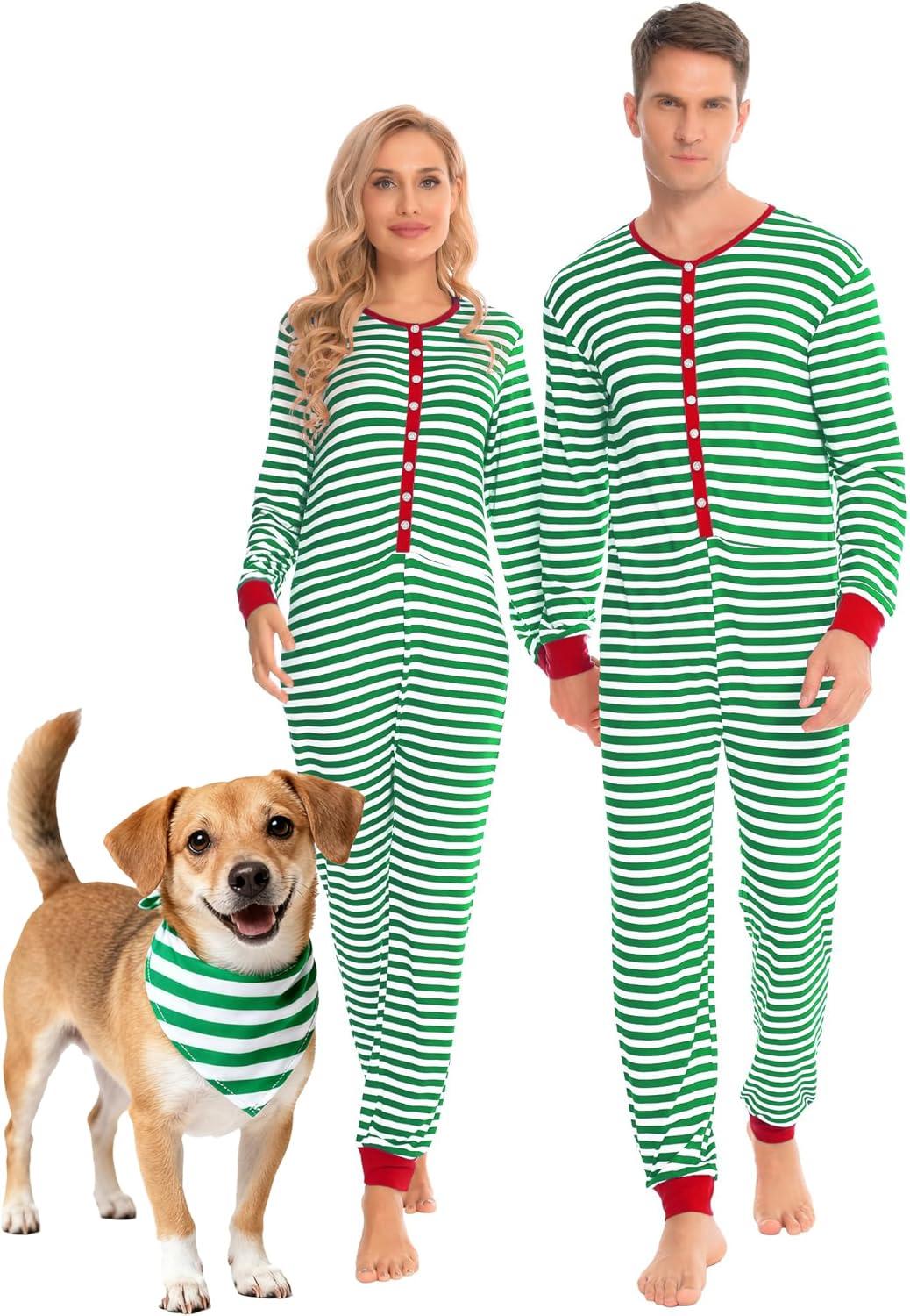 imageSWOMOG Matching Family Pajamas Sets Christmas Couple PJs Holiday Onesise Nightwear Household Sleepwear Sets with Pet bibsGreen Stripe