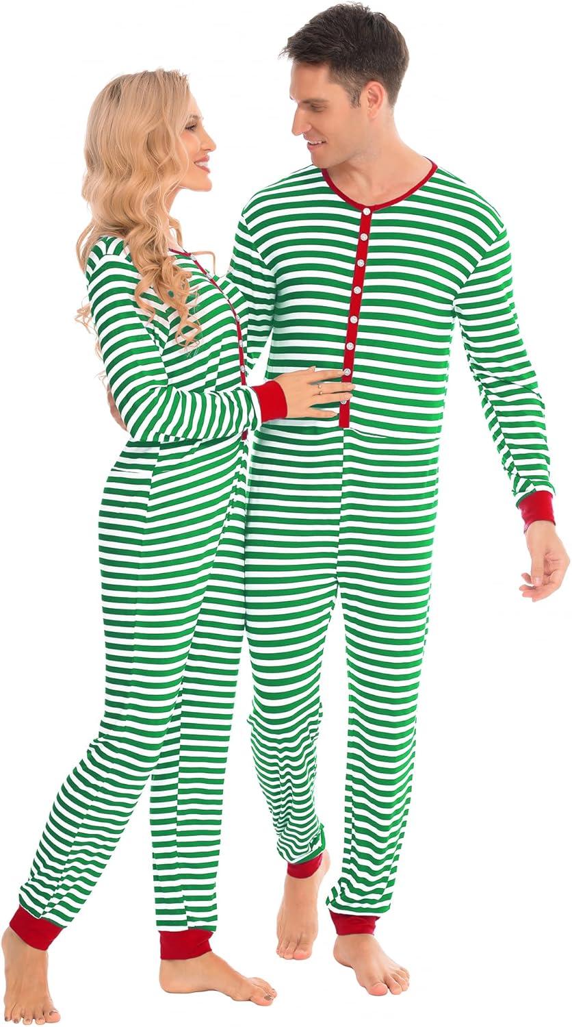 imageSWOMOG Matching Family Pajamas Sets Christmas Couple PJs Holiday Onesise Nightwear Household Sleepwear Sets with Pet bibsGreen Stripe