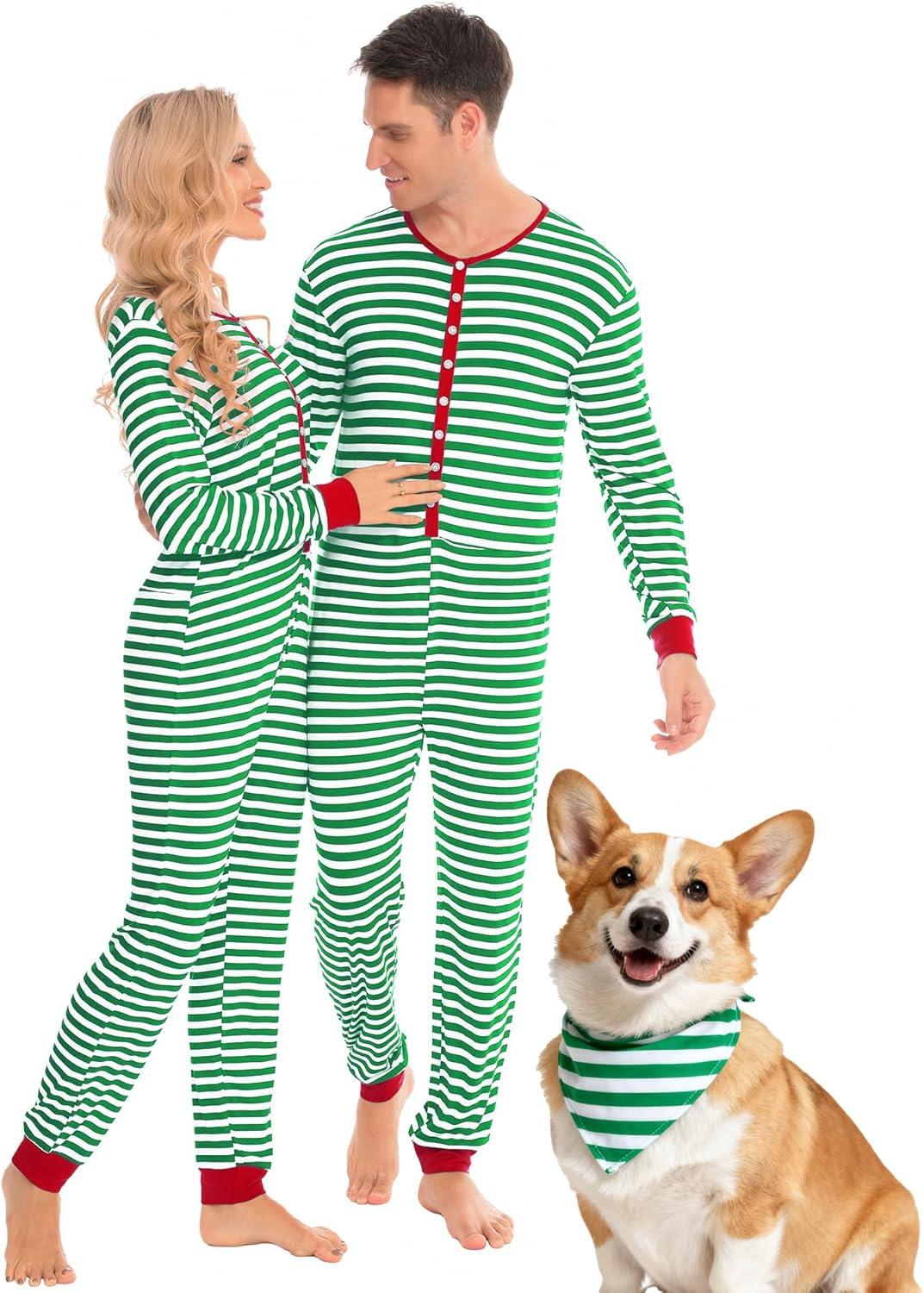 imageSWOMOG Matching Family Pajamas Sets Christmas Couple PJs Holiday Onesise Nightwear Household Sleepwear Sets with Pet bibsGreen Stripe