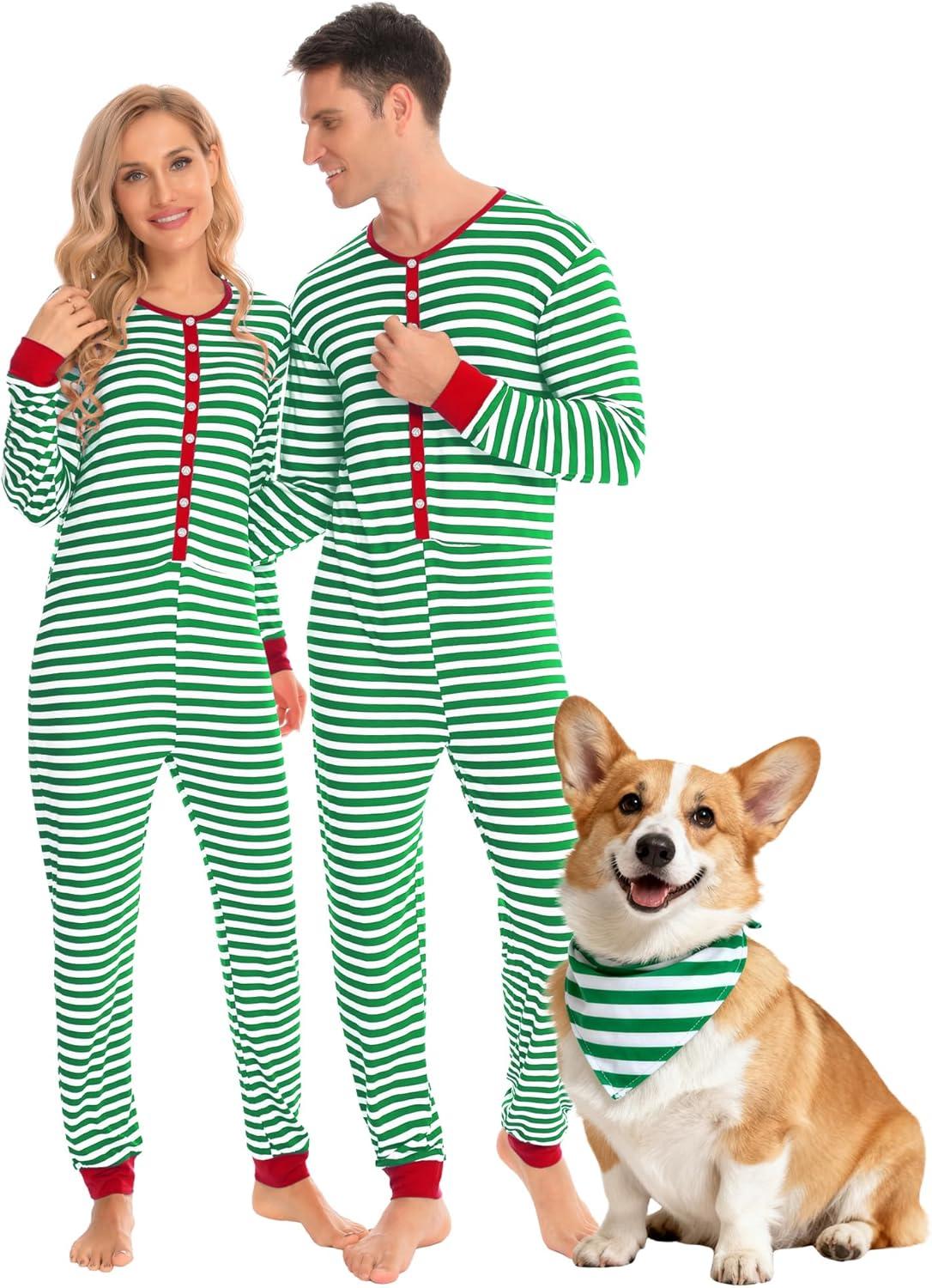 imageSWOMOG Matching Family Pajamas Sets Christmas Couple PJs Holiday Onesise Nightwear Household Sleepwear Sets with Pet bibsGreen Stripe