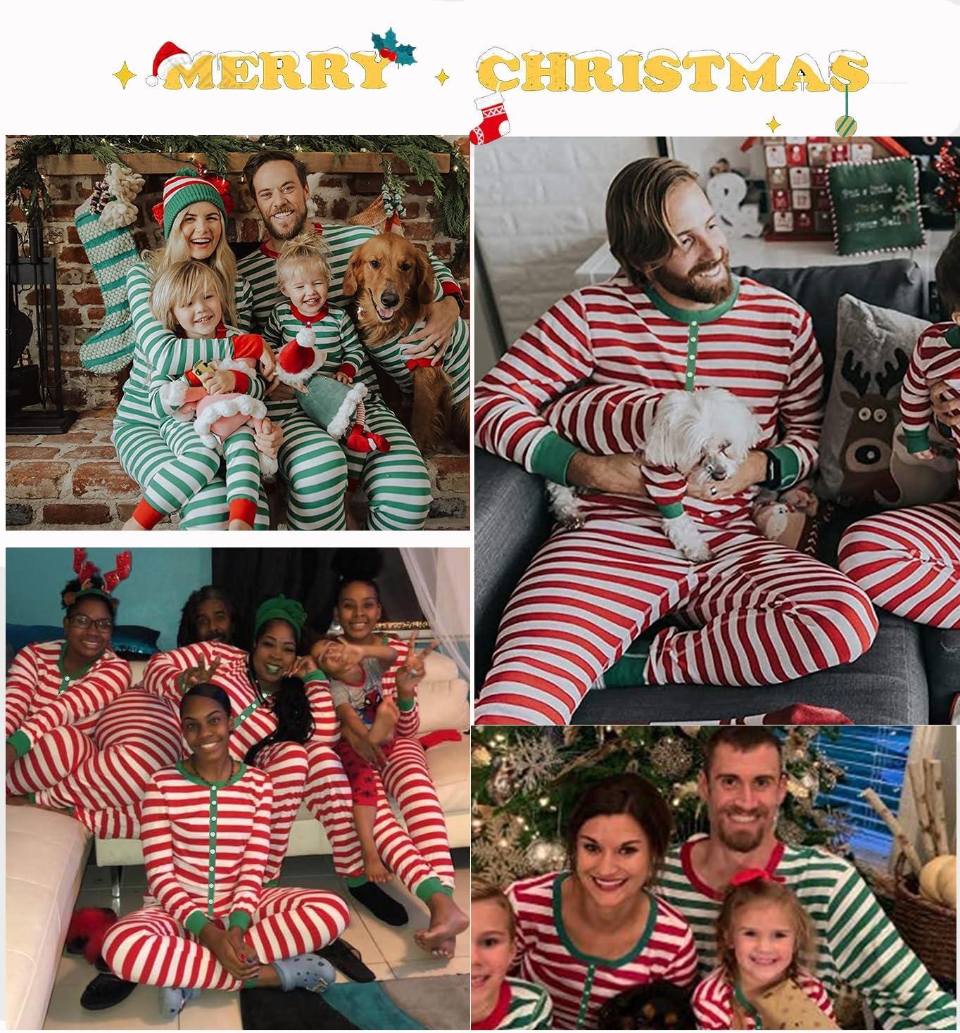 imageSWOMOG Matching Family Pajamas Sets Christmas Couple PJs Holiday Onesise Nightwear Household Sleepwear Sets with Pet bibsGreen Stripe