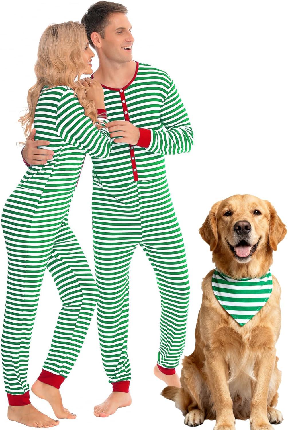 imageSWOMOG Matching Family Pajamas Sets Christmas Couple PJs Holiday Onesise Nightwear Household Sleepwear Sets with Pet bibsGreen Stripe