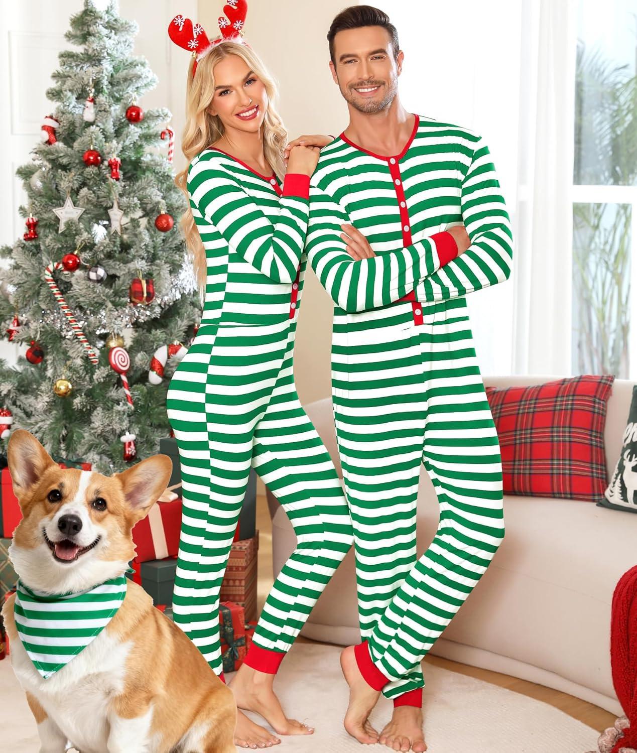imageSWOMOG Matching Family Pajamas Sets Christmas Couple PJs Holiday Onesise Nightwear Household Sleepwear Sets with Pet bibsGreen Thick Stripe