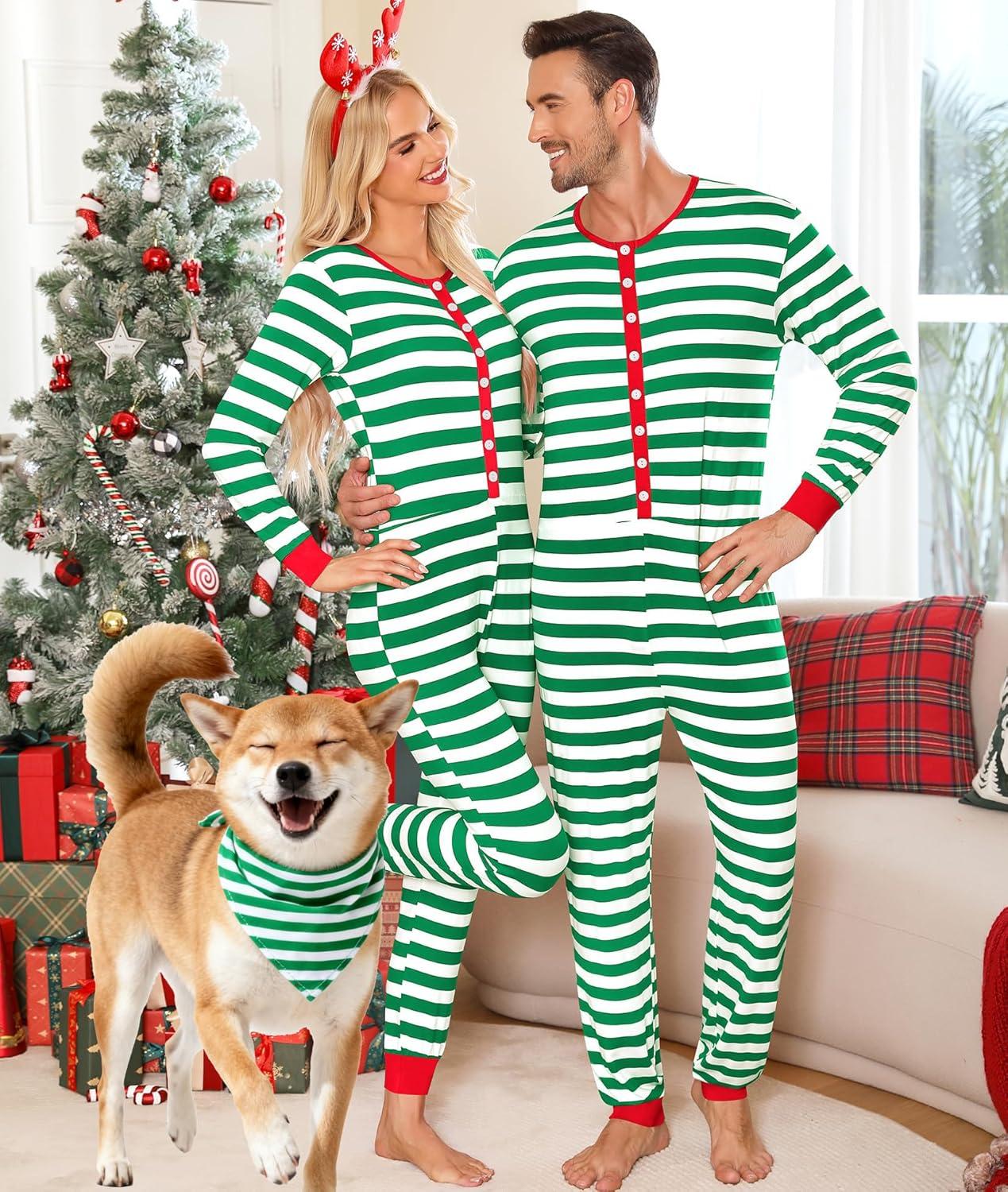 imageSWOMOG Matching Family Pajamas Sets Christmas Couple PJs Holiday Onesise Nightwear Household Sleepwear Sets with Pet bibsGreen Thick Stripe