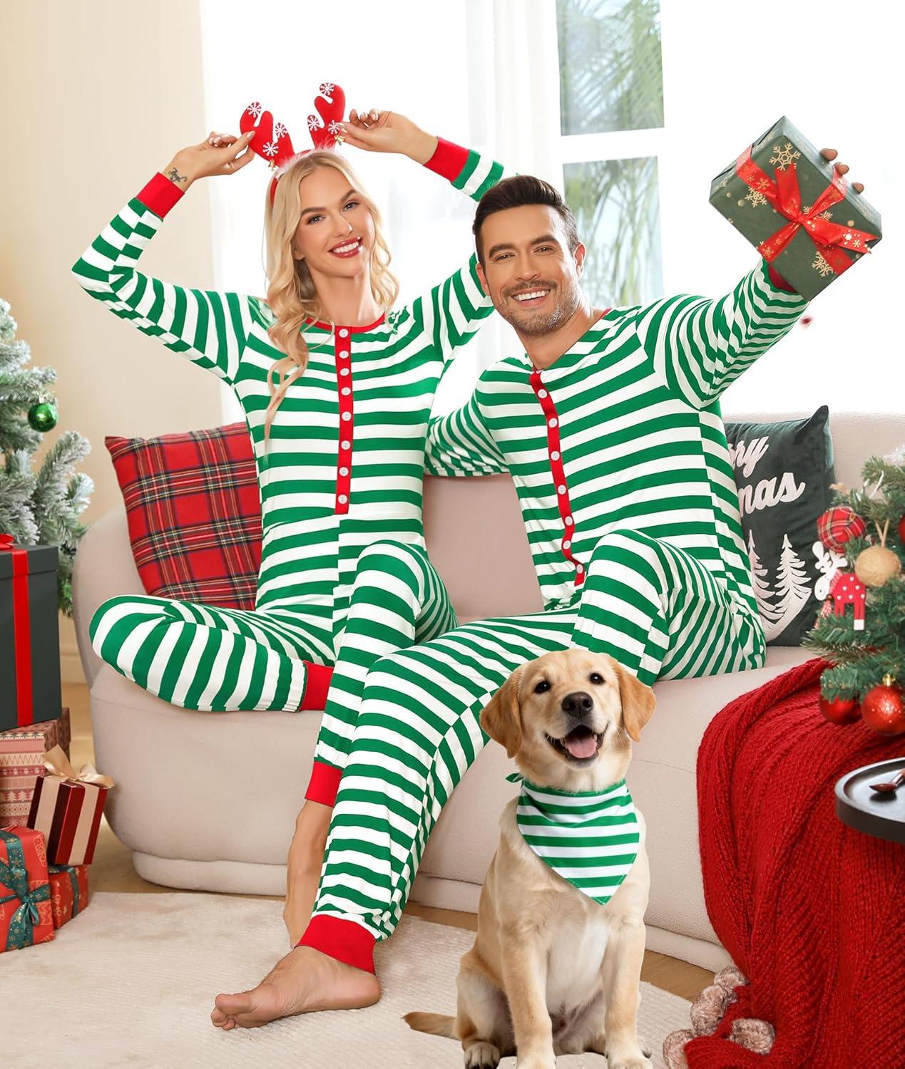 imageSWOMOG Matching Family Pajamas Sets Christmas Couple PJs Holiday Onesise Nightwear Household Sleepwear Sets with Pet bibsGreen Thick Stripe