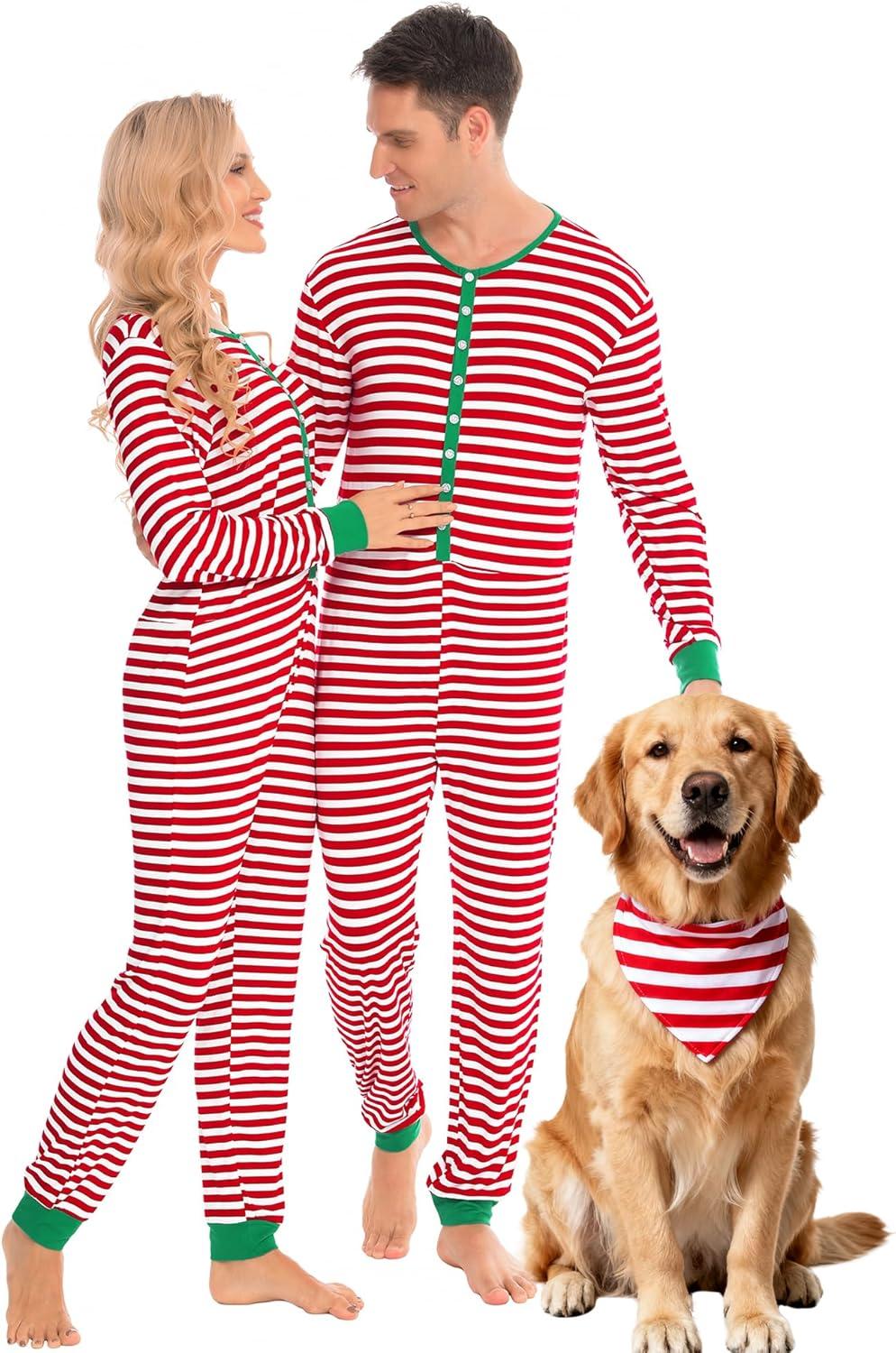 imageSWOMOG Matching Family Pajamas Sets Christmas Couple PJs Holiday Onesise Nightwear Household Sleepwear Sets with Pet bibsRed Stripe