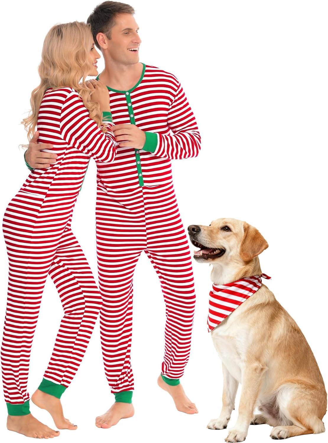 imageSWOMOG Matching Family Pajamas Sets Christmas Couple PJs Holiday Onesise Nightwear Household Sleepwear Sets with Pet bibsRed Stripe