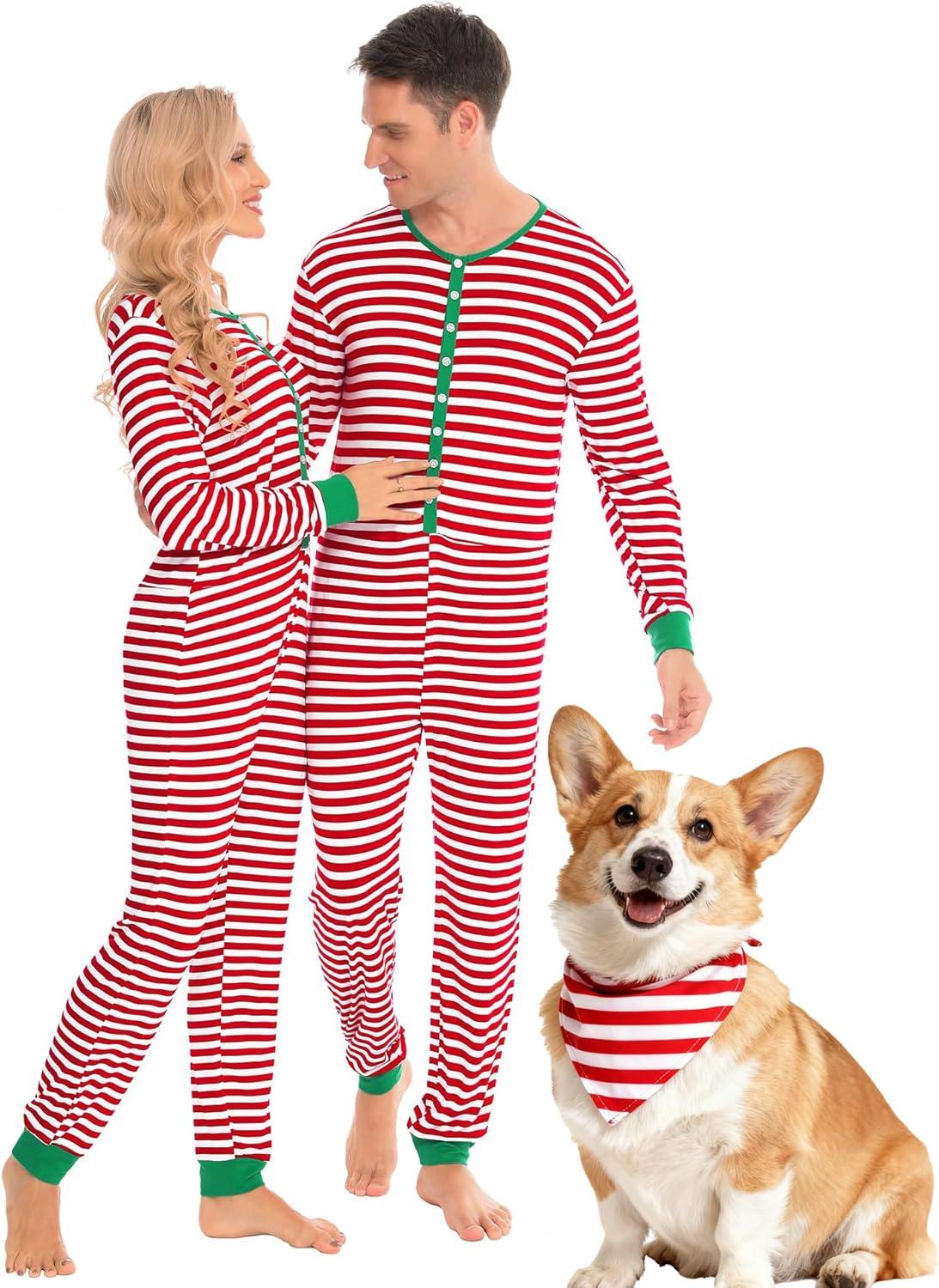 imageSWOMOG Matching Family Pajamas Sets Christmas Couple PJs Holiday Onesise Nightwear Household Sleepwear Sets with Pet bibsRed Stripe