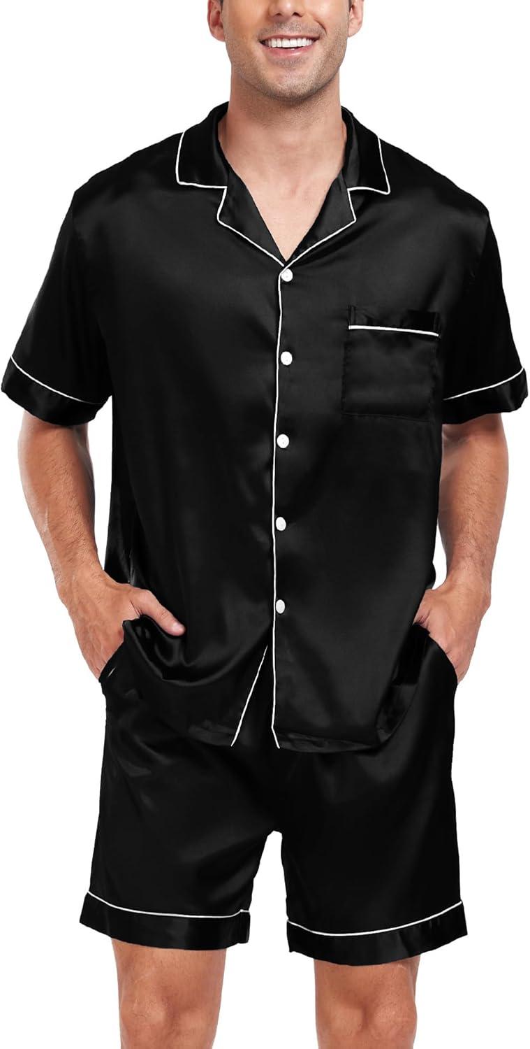 imageSWOMOG Men Satin Silk Pajamas Sets Short Sleeve Sleepwear ButtonDown PJs Sets TwoPieces Loungewear with PocketsBlack