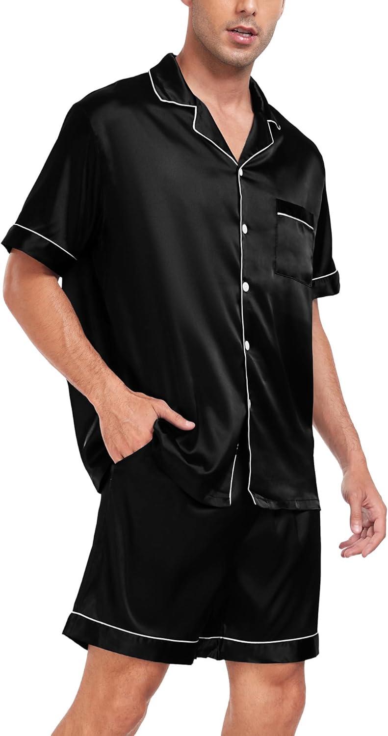 imageSWOMOG Men Satin Silk Pajamas Sets Short Sleeve Sleepwear ButtonDown PJs Sets TwoPieces Loungewear with PocketsBlack