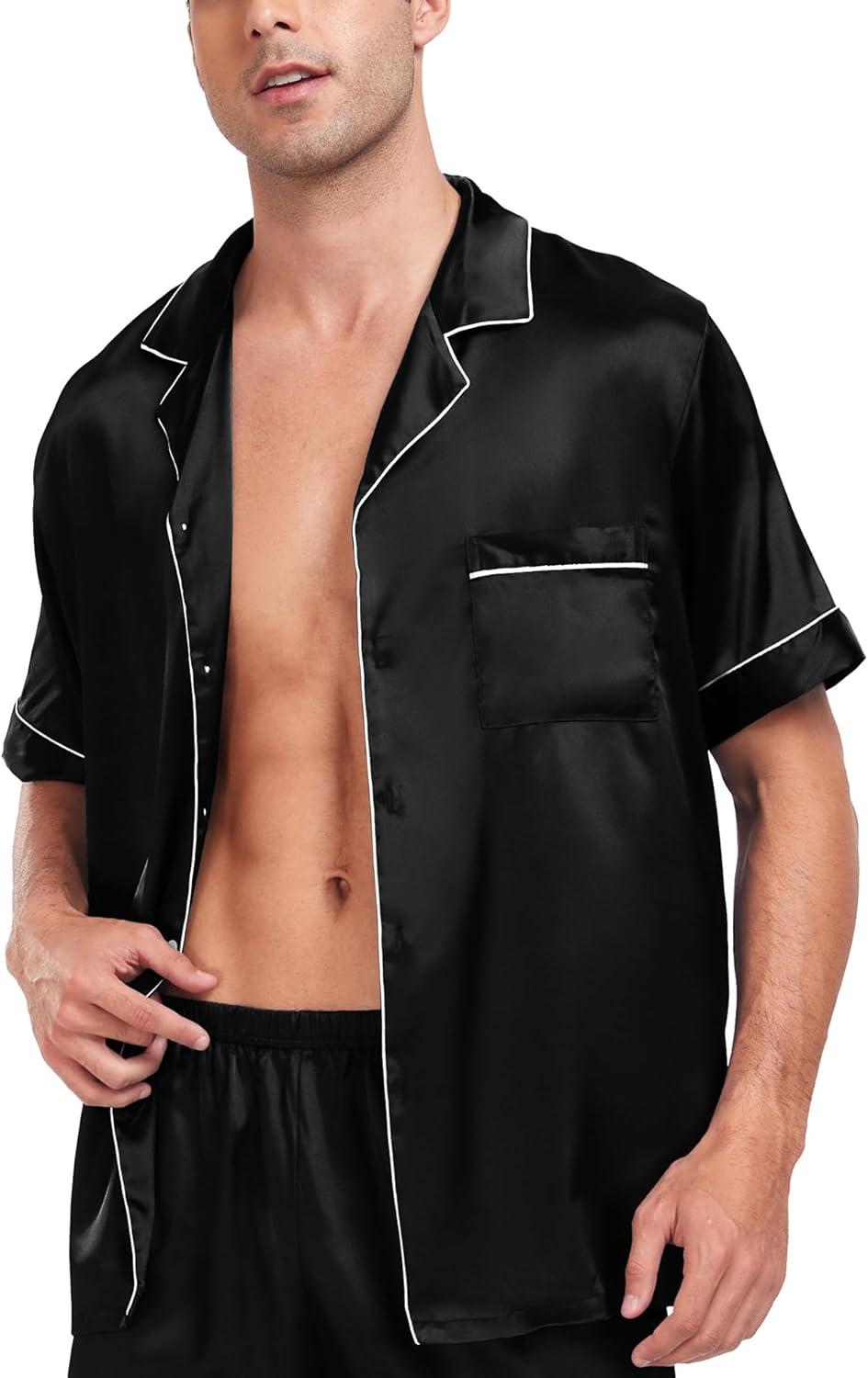 imageSWOMOG Men Satin Silk Pajamas Sets Short Sleeve Sleepwear ButtonDown PJs Sets TwoPieces Loungewear with PocketsBlack