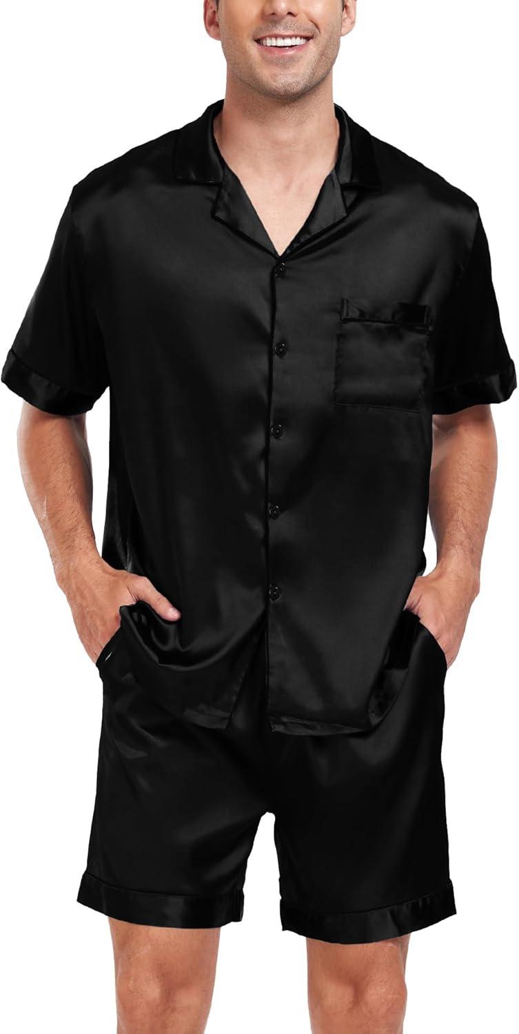 imageSWOMOG Men Satin Silk Pajamas Sets Short Sleeve Sleepwear ButtonDown PJs Sets TwoPieces Loungewear with PocketsBlack Black