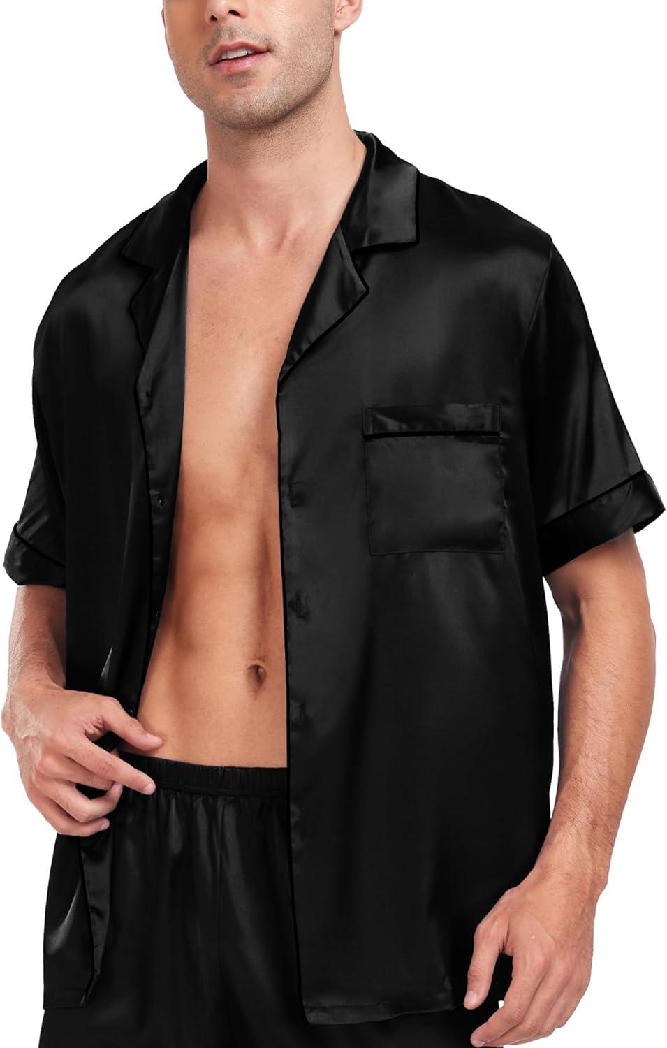 imageSWOMOG Men Satin Silk Pajamas Sets Short Sleeve Sleepwear ButtonDown PJs Sets TwoPieces Loungewear with PocketsBlack Black