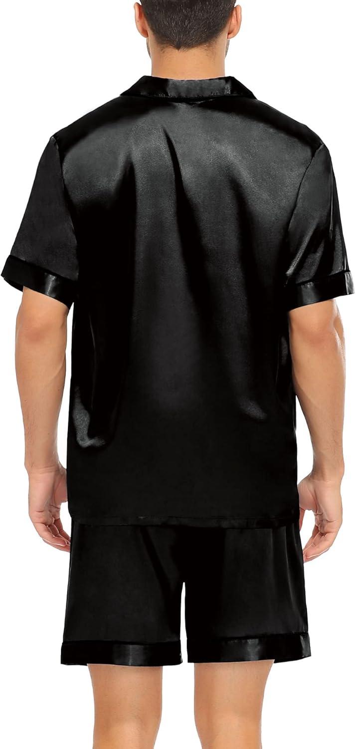 imageSWOMOG Men Satin Silk Pajamas Sets Short Sleeve Sleepwear ButtonDown PJs Sets TwoPieces Loungewear with PocketsBlack Black
