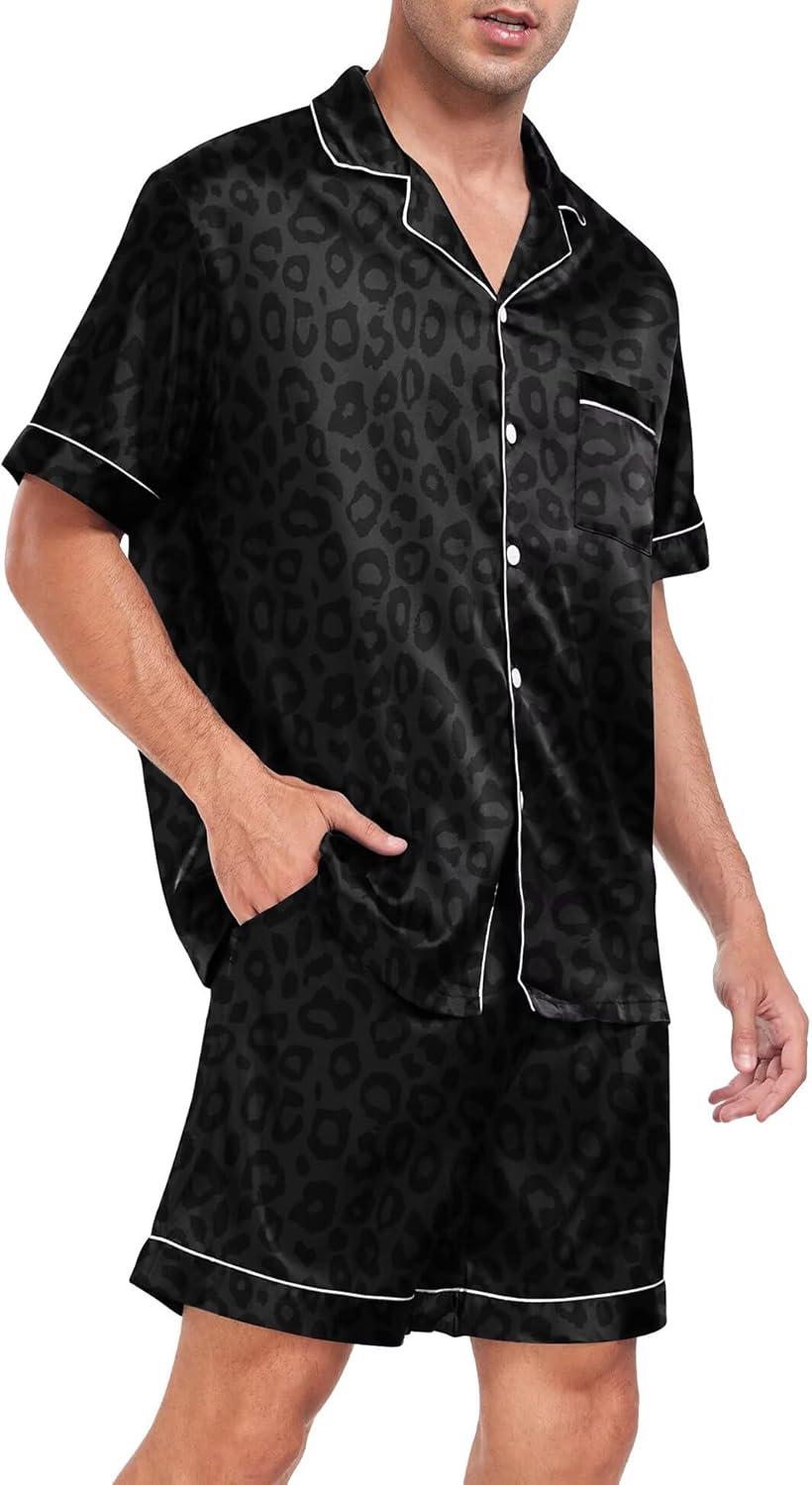 imageSWOMOG Men Satin Silk Pajamas Sets Short Sleeve Sleepwear ButtonDown PJs Sets TwoPieces Loungewear with PocketsBlack Leopard Print