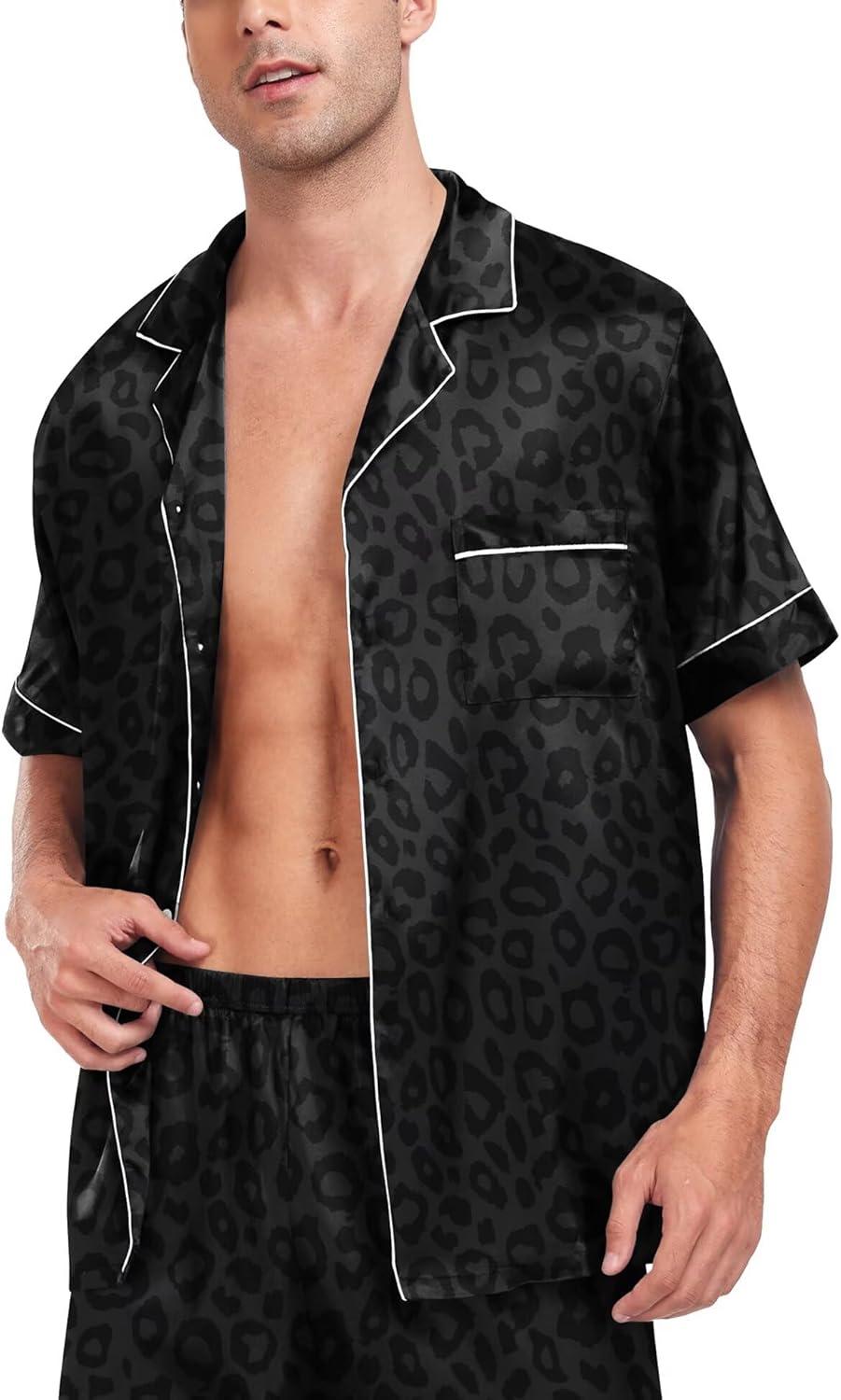 imageSWOMOG Men Satin Silk Pajamas Sets Short Sleeve Sleepwear ButtonDown PJs Sets TwoPieces Loungewear with PocketsBlack Leopard Print