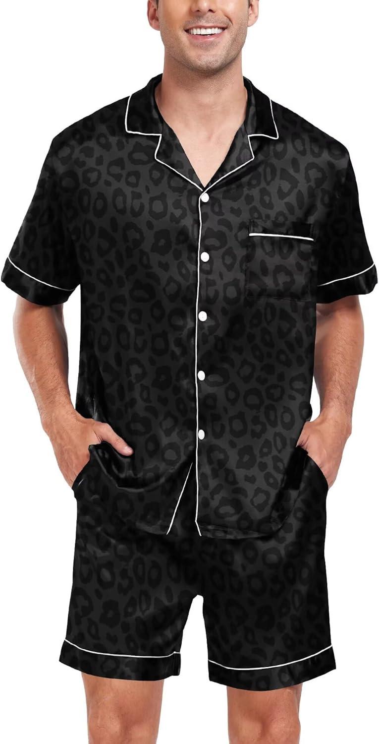 imageSWOMOG Men Satin Silk Pajamas Sets Short Sleeve Sleepwear ButtonDown PJs Sets TwoPieces Loungewear with PocketsBlack Leopard Print