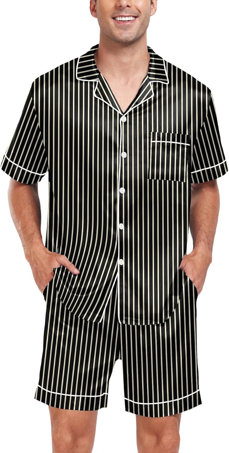 imageSWOMOG Men Satin Silk Pajamas Sets Short Sleeve Sleepwear ButtonDown PJs Sets TwoPieces Loungewear with PocketsBlack Stripe Gold