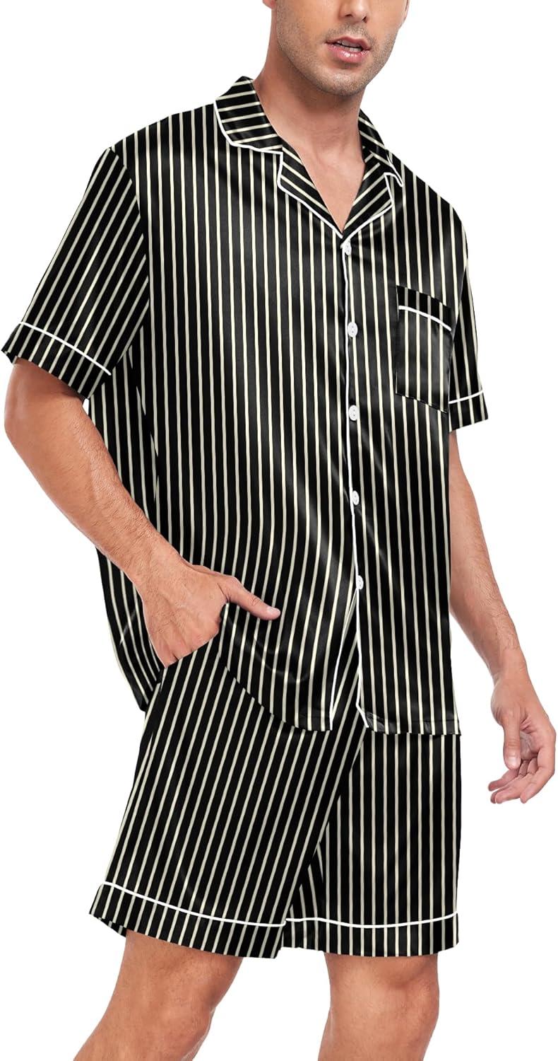 imageSWOMOG Men Satin Silk Pajamas Sets Short Sleeve Sleepwear ButtonDown PJs Sets TwoPieces Loungewear with PocketsBlack Stripe Gold