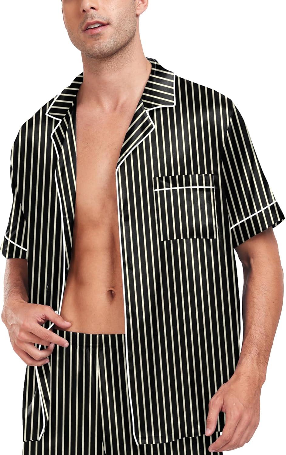 imageSWOMOG Men Satin Silk Pajamas Sets Short Sleeve Sleepwear ButtonDown PJs Sets TwoPieces Loungewear with PocketsBlack Stripe Gold