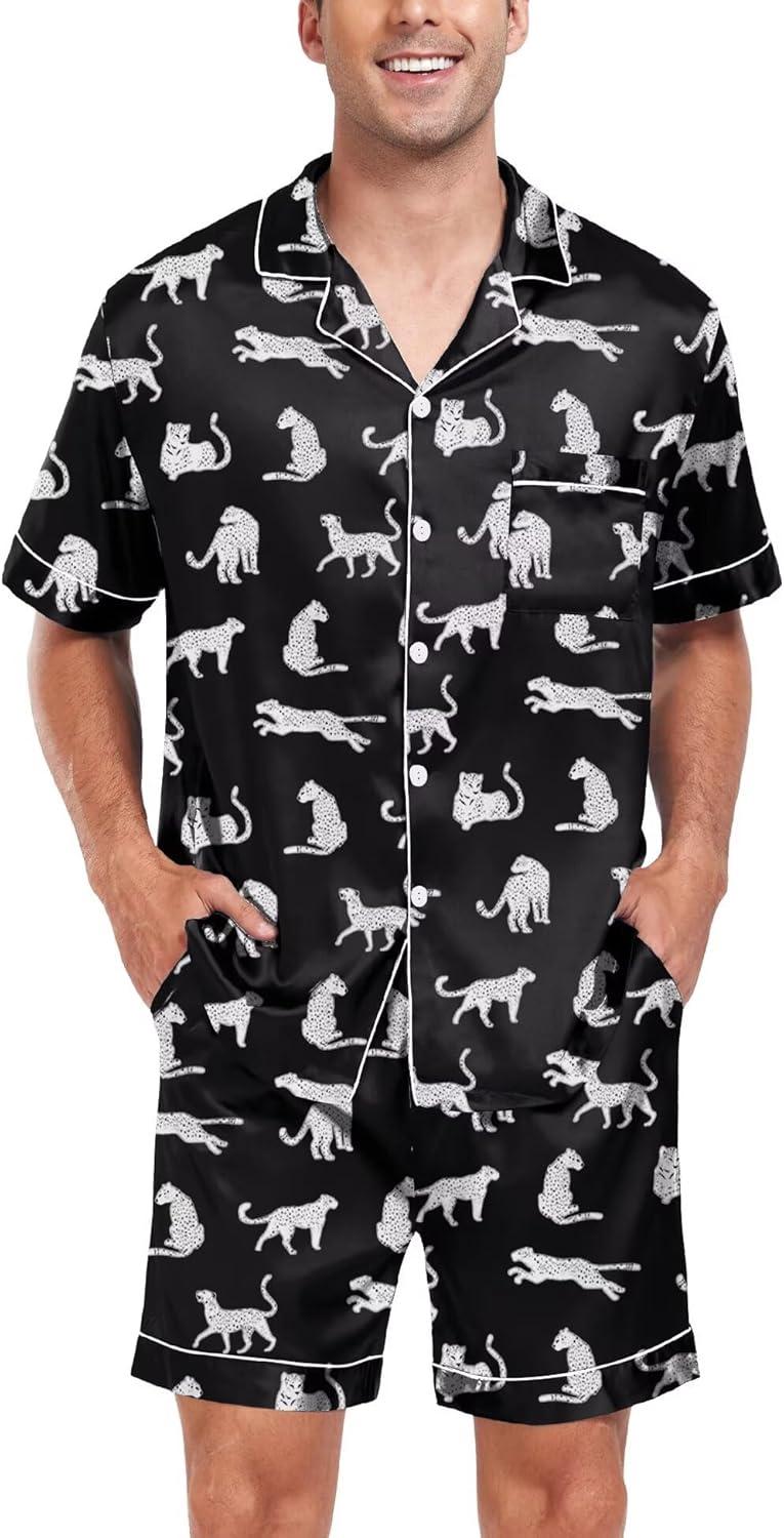 imageSWOMOG Men Satin Silk Pajamas Sets Short Sleeve Sleepwear ButtonDown PJs Sets TwoPieces Loungewear with PocketsBlack and White