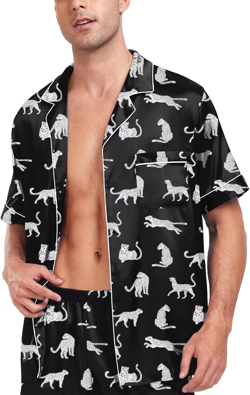 imageSWOMOG Men Satin Silk Pajamas Sets Short Sleeve Sleepwear ButtonDown PJs Sets TwoPieces Loungewear with PocketsBlack and White