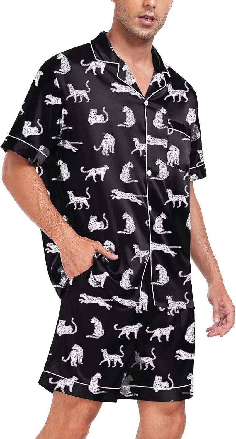 imageSWOMOG Men Satin Silk Pajamas Sets Short Sleeve Sleepwear ButtonDown PJs Sets TwoPieces Loungewear with PocketsBlack and White