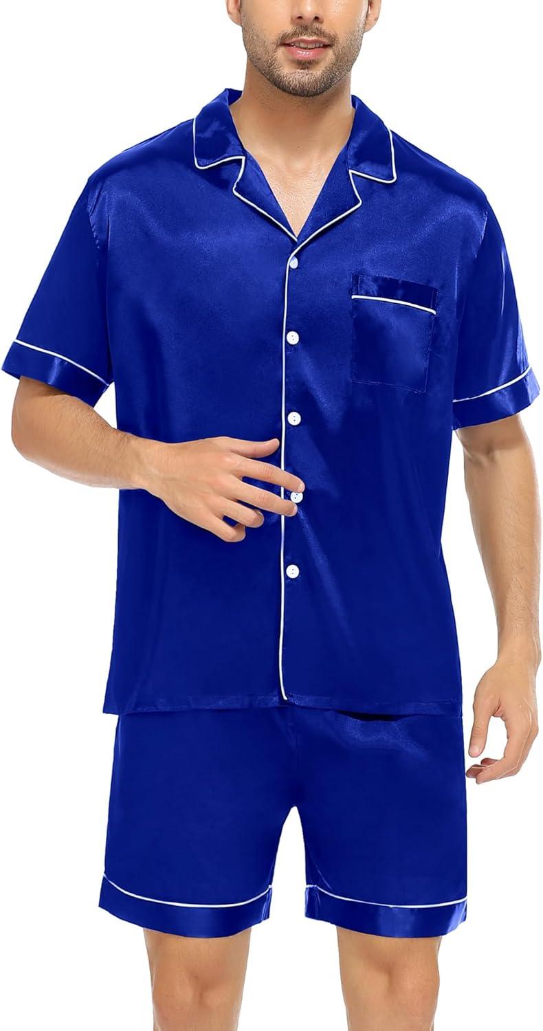 imageSWOMOG Men Satin Silk Pajamas Sets Short Sleeve Sleepwear ButtonDown PJs Sets TwoPieces Loungewear with PocketsBlue