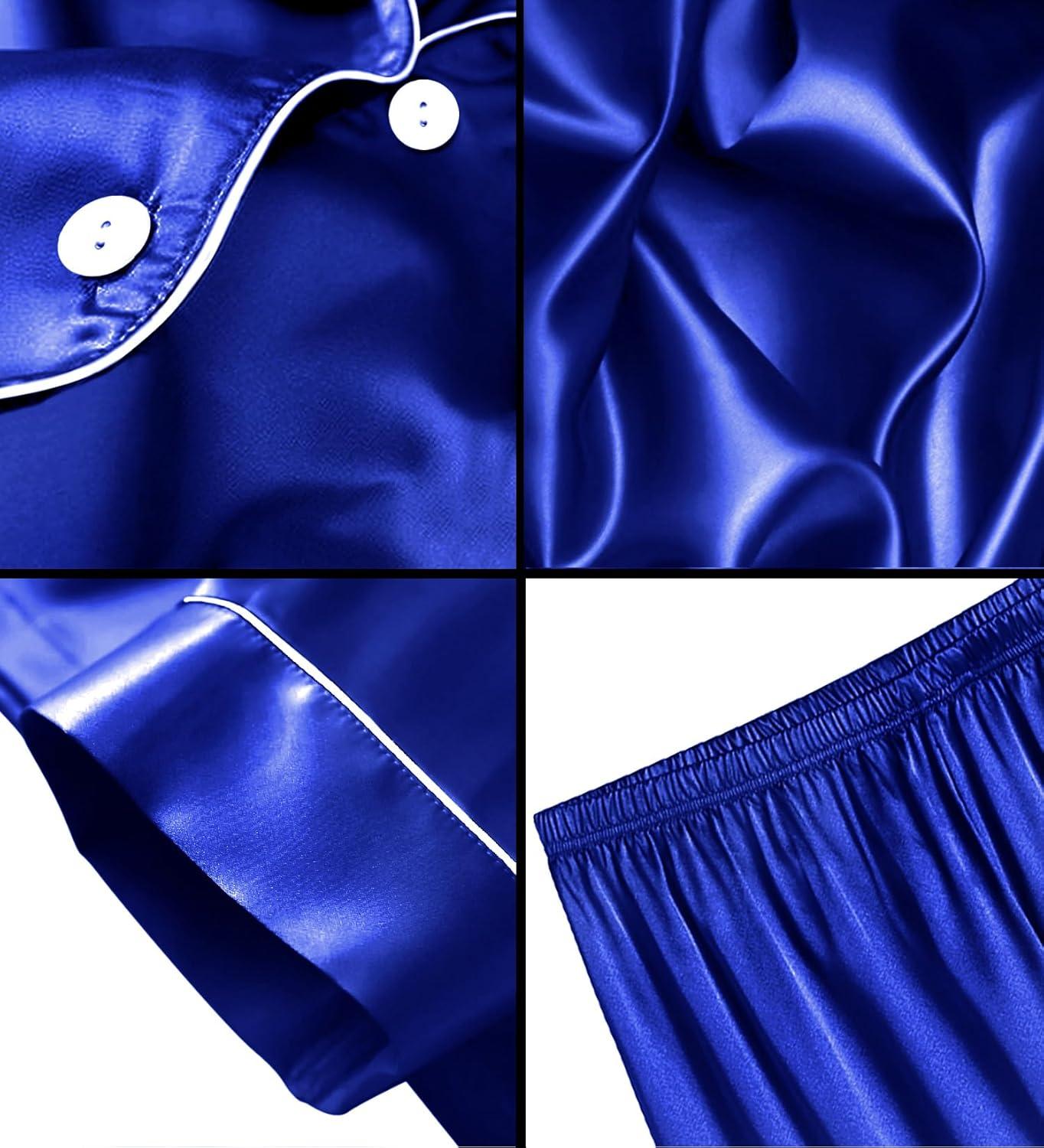 imageSWOMOG Men Satin Silk Pajamas Sets Short Sleeve Sleepwear ButtonDown PJs Sets TwoPieces Loungewear with PocketsBlue