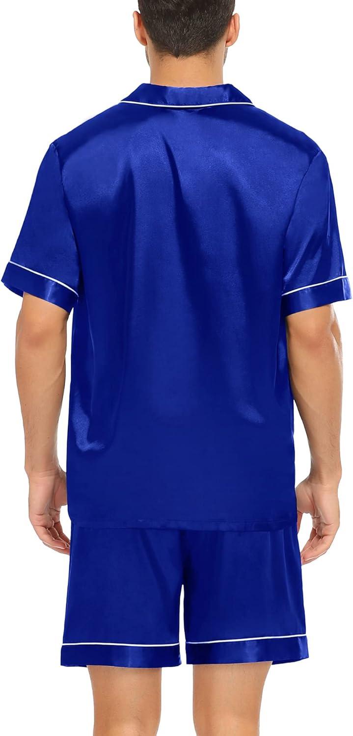 imageSWOMOG Men Satin Silk Pajamas Sets Short Sleeve Sleepwear ButtonDown PJs Sets TwoPieces Loungewear with PocketsBlue