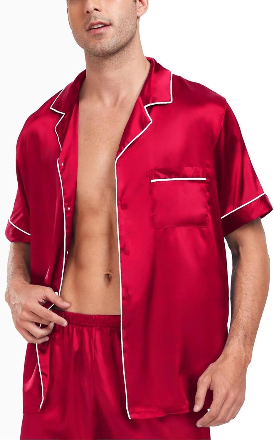 imageSWOMOG Men Satin Silk Pajamas Sets Short Sleeve Sleepwear ButtonDown PJs Sets TwoPieces Loungewear with PocketsCamellia Red