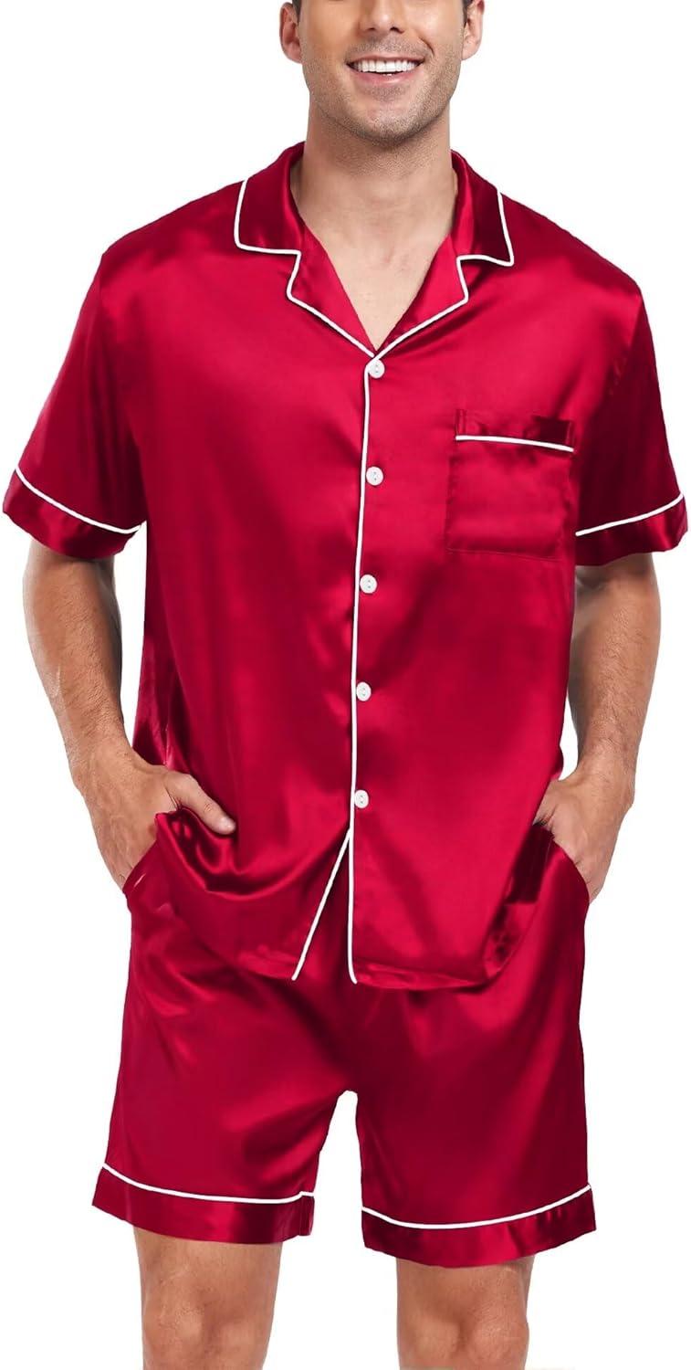 imageSWOMOG Men Satin Silk Pajamas Sets Short Sleeve Sleepwear ButtonDown PJs Sets TwoPieces Loungewear with PocketsCamellia Red