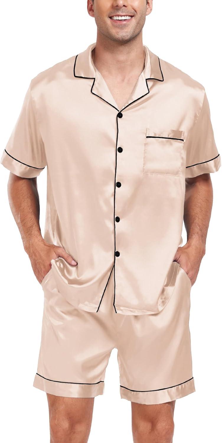 imageSWOMOG Men Satin Silk Pajamas Sets Short Sleeve Sleepwear ButtonDown PJs Sets TwoPieces Loungewear with PocketsChampagne