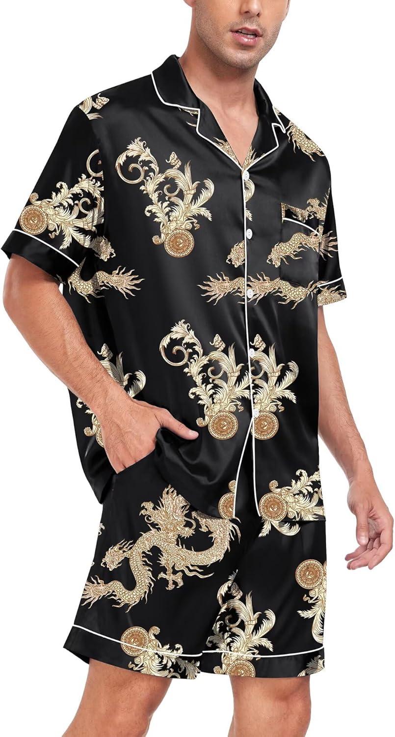 imageSWOMOG Men Satin Silk Pajamas Sets Short Sleeve Sleepwear ButtonDown PJs Sets TwoPieces Loungewear with PocketsDark Black