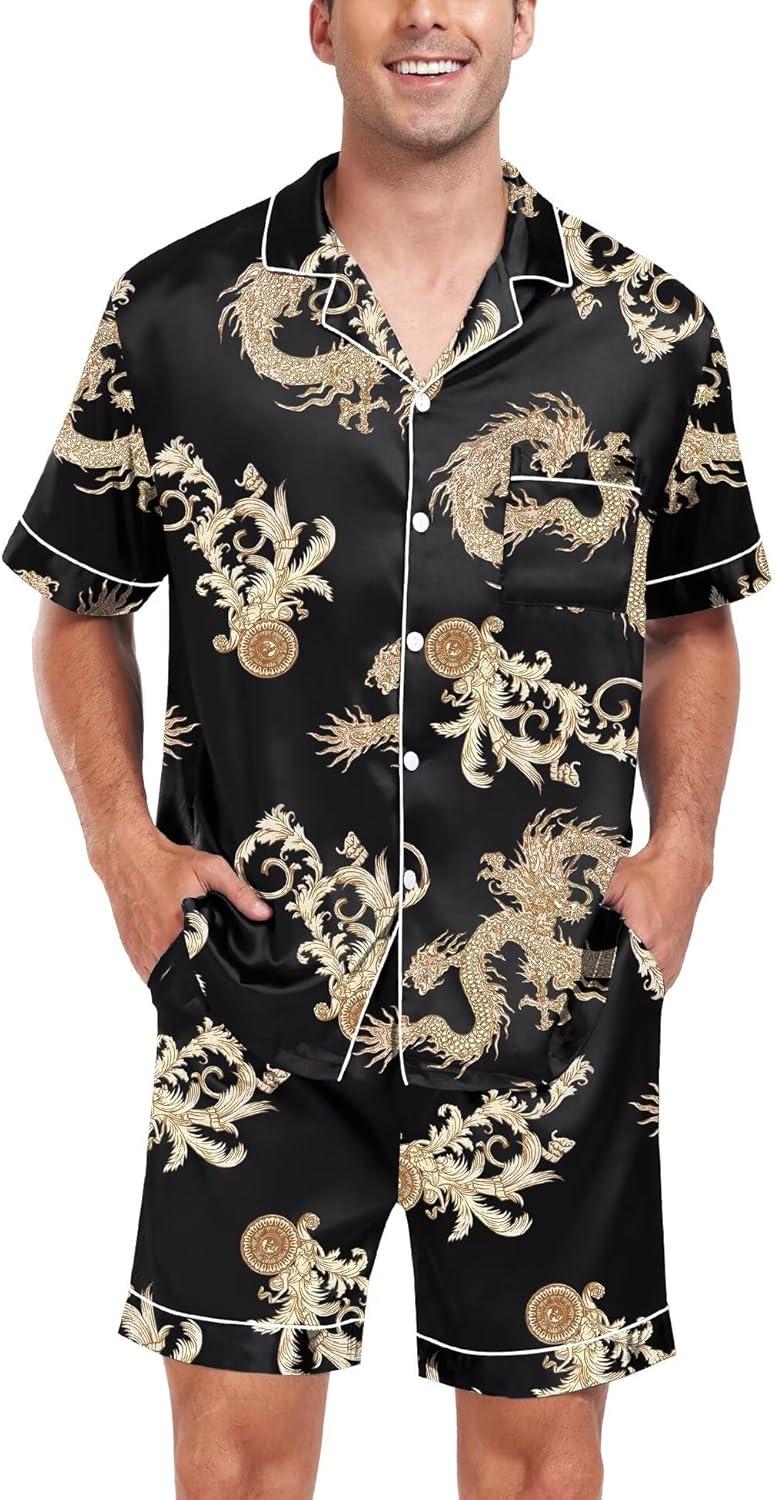 imageSWOMOG Men Satin Silk Pajamas Sets Short Sleeve Sleepwear ButtonDown PJs Sets TwoPieces Loungewear with PocketsDark Black